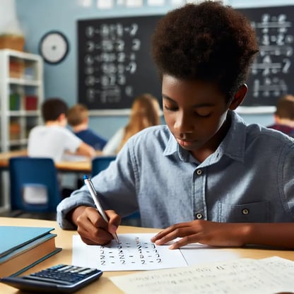 DALL·E 2024-09-24 13.56.55 - A Black 5th grade boy sitting at a desk solving math problems with decimals. He is focused, writing in a notebook filled with decimal equations, numbe