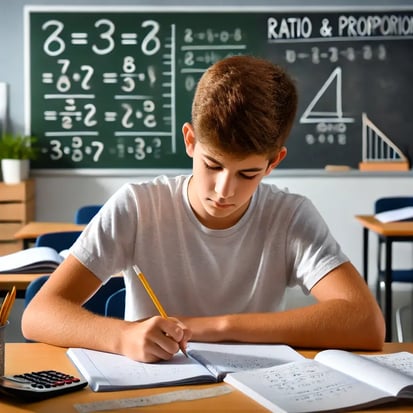 DALL·E 2024-09-24 14.32.49 - A 6th grade white boy sitting at his desk working on math problems involving ratios and proportions. He is focused, writing in his notebook, which sho