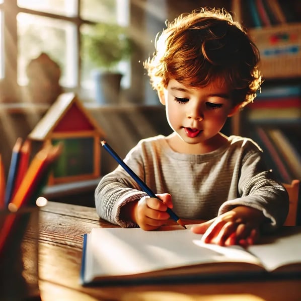 DALL·E 2025-02-04 20.53.43 - A young child sitting at a wooden desk, holding a pencil and carefully writing in a notebook. The child has a look of concentration, with their tongue